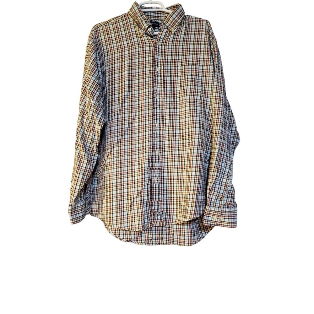 Lands End Men Shirt Large 16-16.5 Black Red Plaid Cotton Long Sleeve Button Down